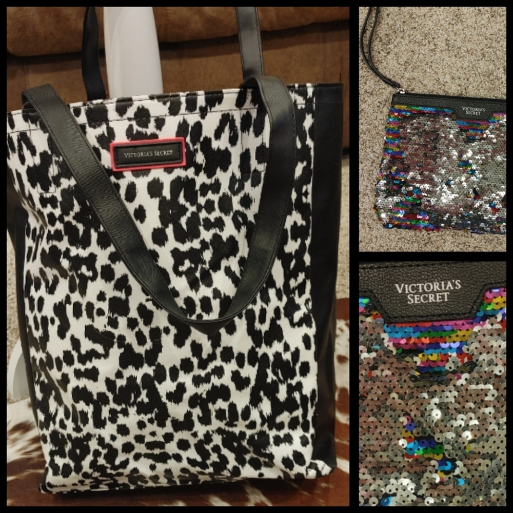 Victoria's Secret Limited Edition Leopard Print 16" Tote And Sequin Wristlet